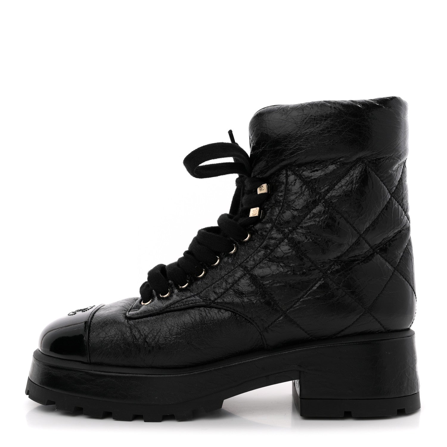 Chanel Crumpled Patent Lambskin Calfskin Quilted Lace Up Combat