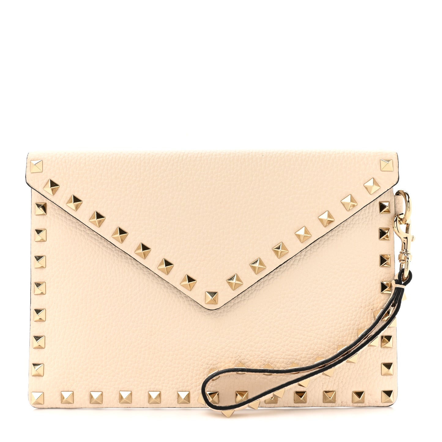 Pebbled Calfskin Medium Rockstud Envelope Flat Wristlet Pouch Ivory