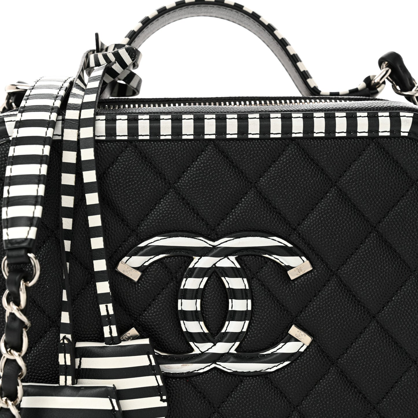 Caviar Quilted Striped Medium CC Filigree Vanity Case Black White