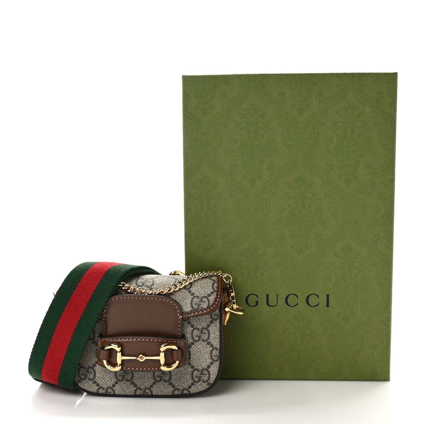 GG Supreme Monogram Azalea Calfskin Web Horsebit 1955 Wallet On Strap Beige Ebony Brown Sugar