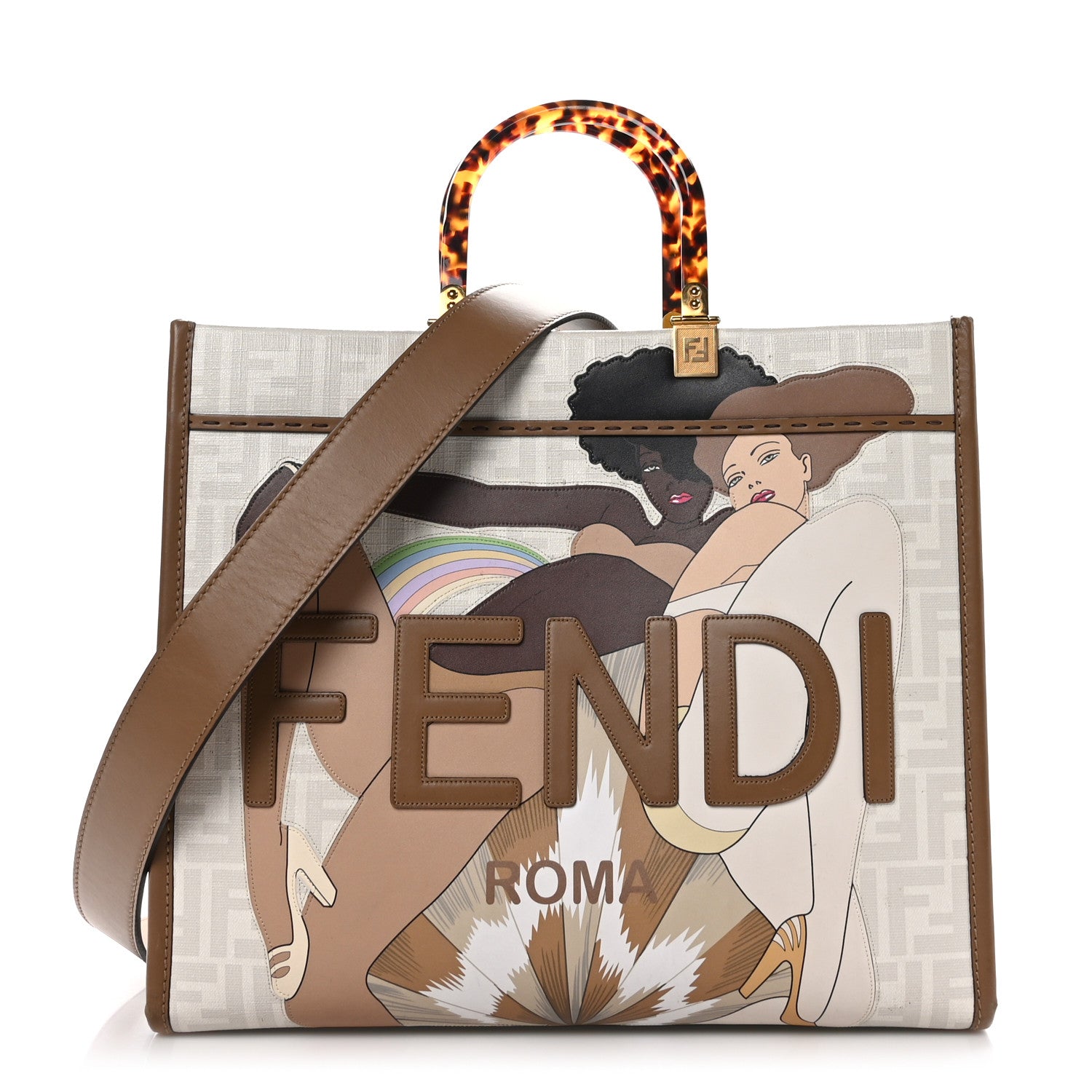 Fendi Glazed Fabric Plexiglass FF Logo Bikini Girls Medium Sunshine Shopper Tote Bianco Perla Multicolor Miele Scuro 1 of 9
