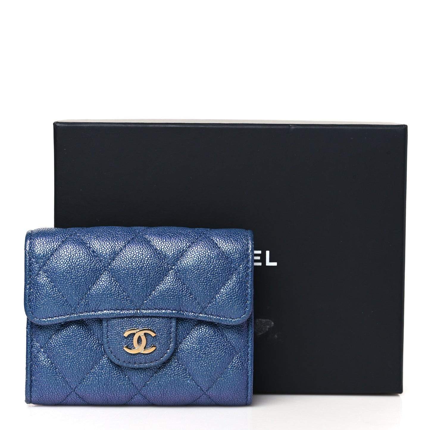 Iridescent Caviar Flap Quilted Card Holder Wallet Dark Blue