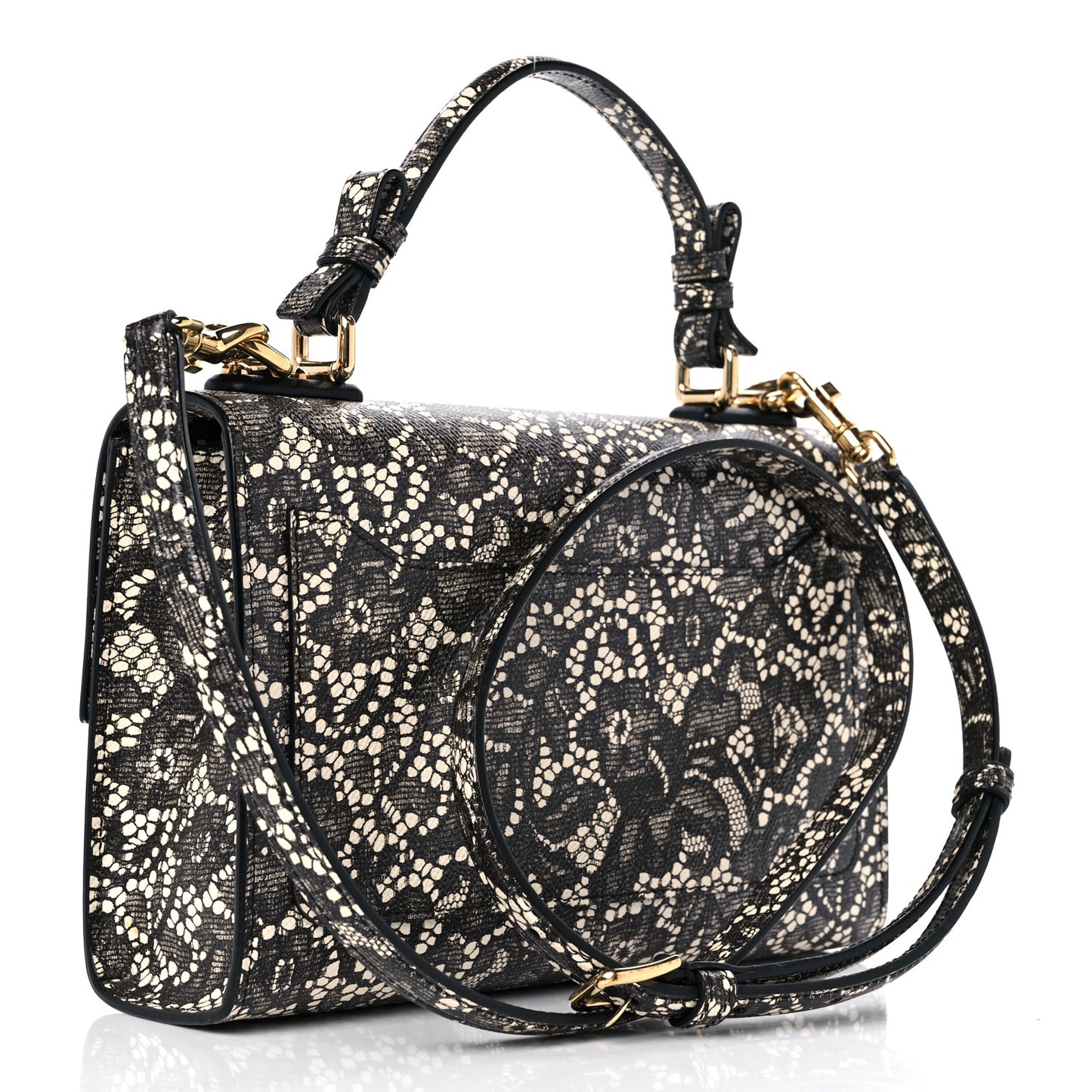 Lace Printed Calfskin Lucia Top Handle Bag Black