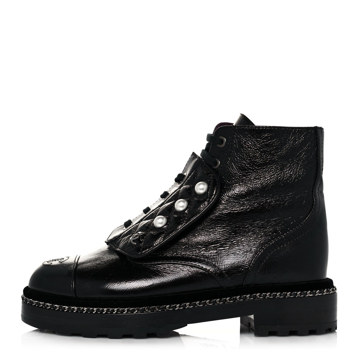 Crackled Calfskin Velvet Pearl Combat Short Boots 36.5 Black