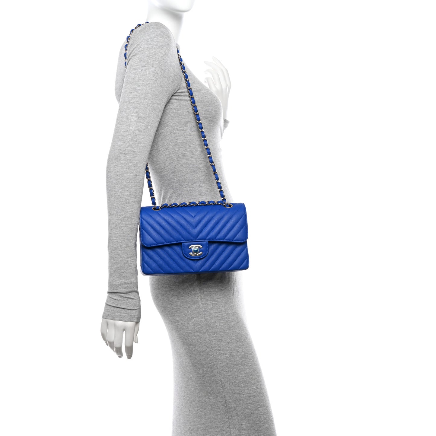 Caviar Chevron Quilted Small Double Flap Blue
