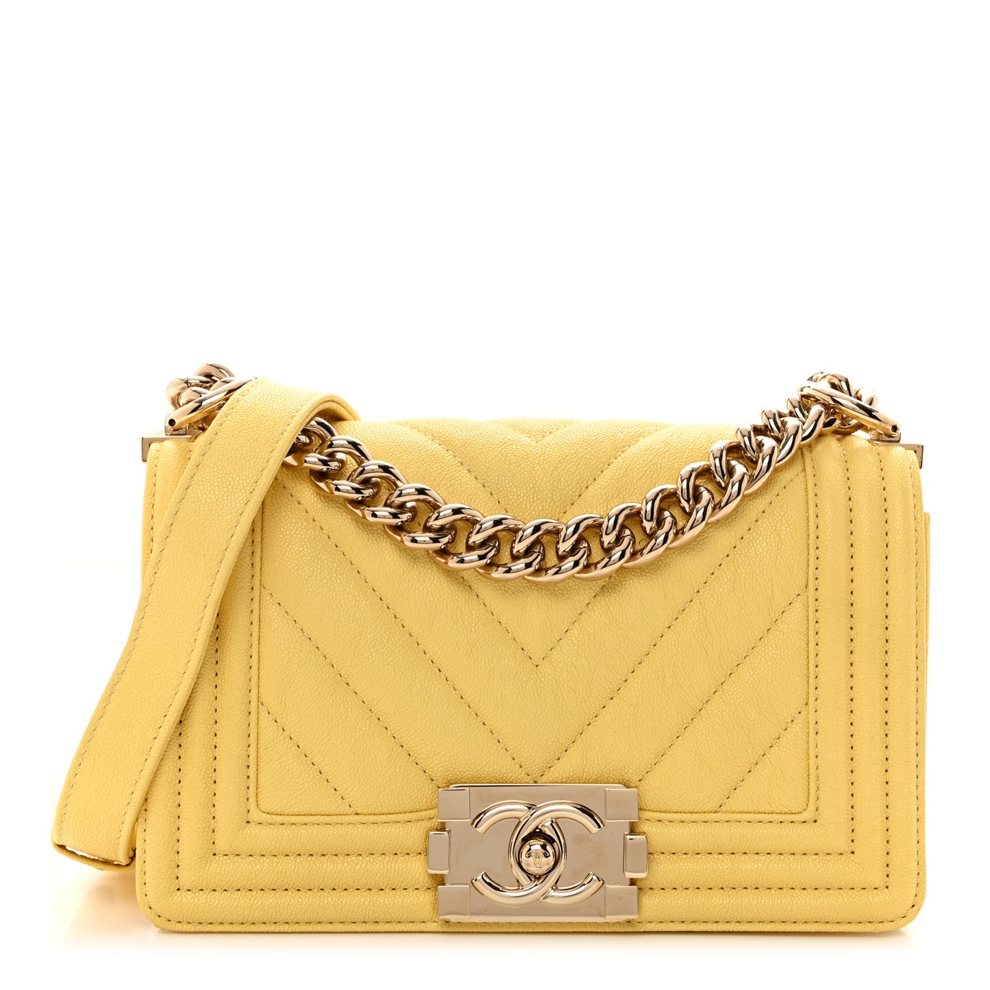 Caviar Chevron Quilted Small Boy Flap Yellow