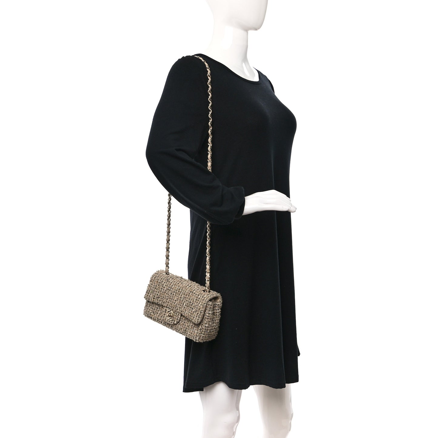 Tweed Quilted Mini Rectangular Flap Beige