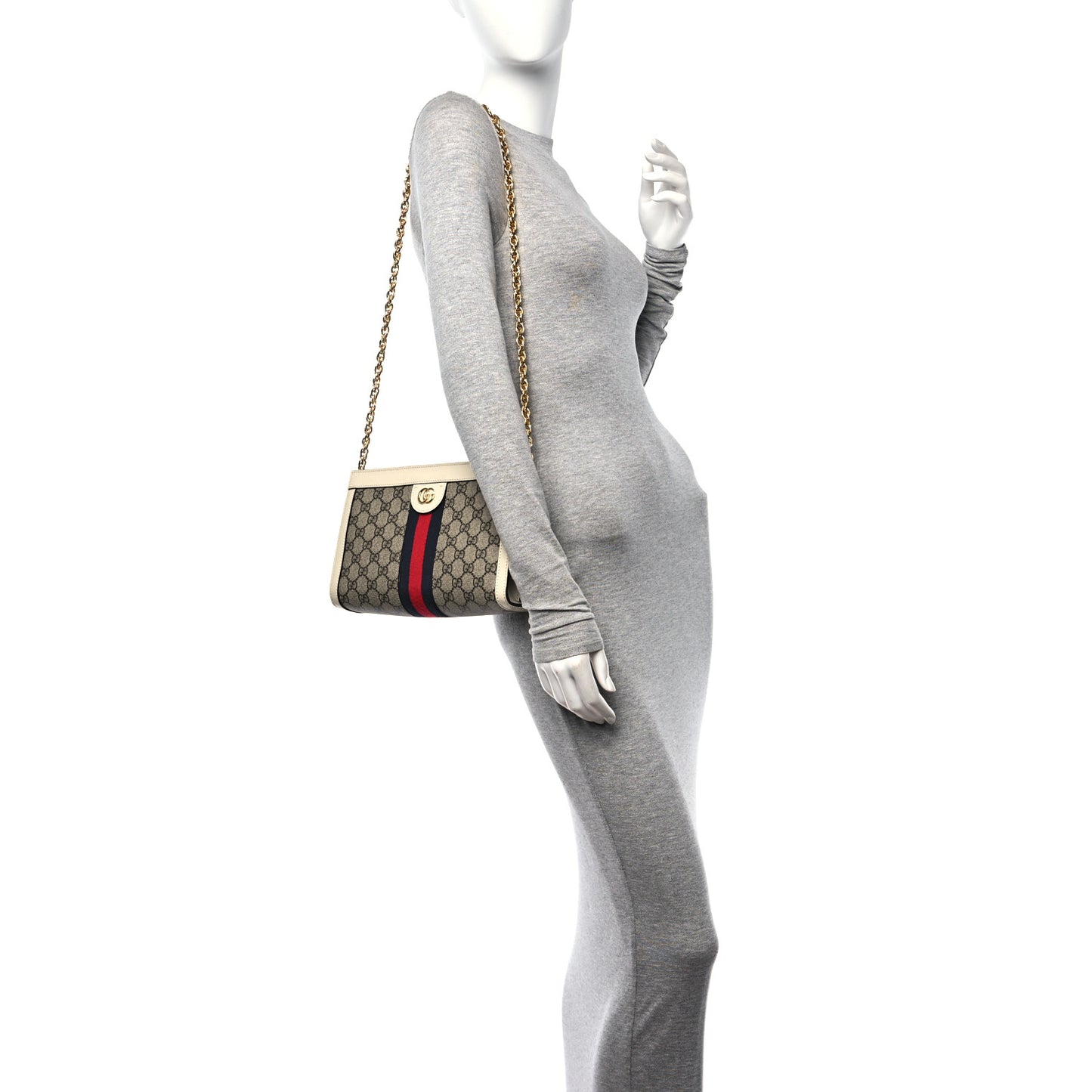 GG Supreme Monogram Textured Calfskin Web Small Ophidia Chain Shoulder Bag Beige Ebony Mystic White