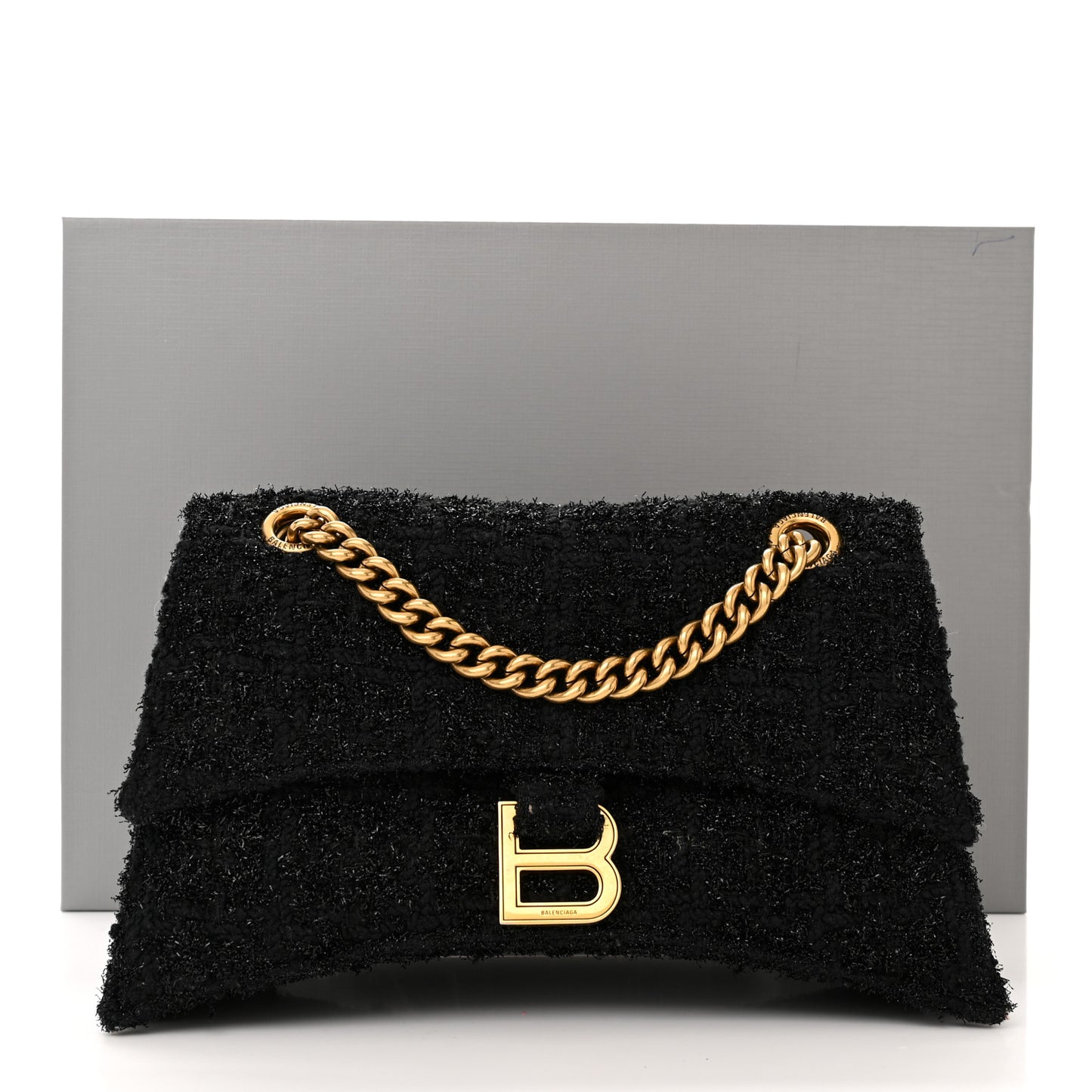 Metallic Tweed Boucle Quilted Small Crush Chain Bag Black