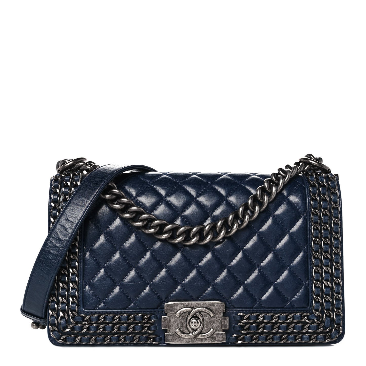 Glazed Calfskin Quilted Medium Boy Chained Flap Blue