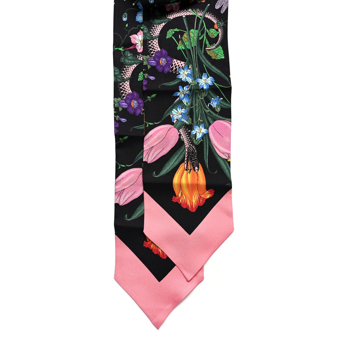 Silk Twill Flora Snake Neck Bow Scarf Black Pink