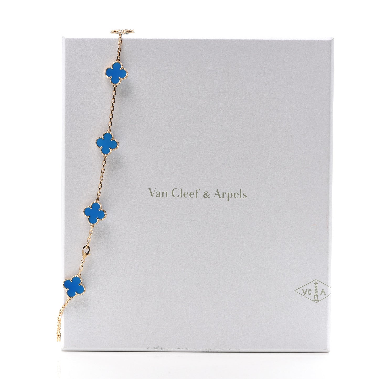18K Yellow Gold Blue Agate 10 Motifs Vintage Alhambra Necklace