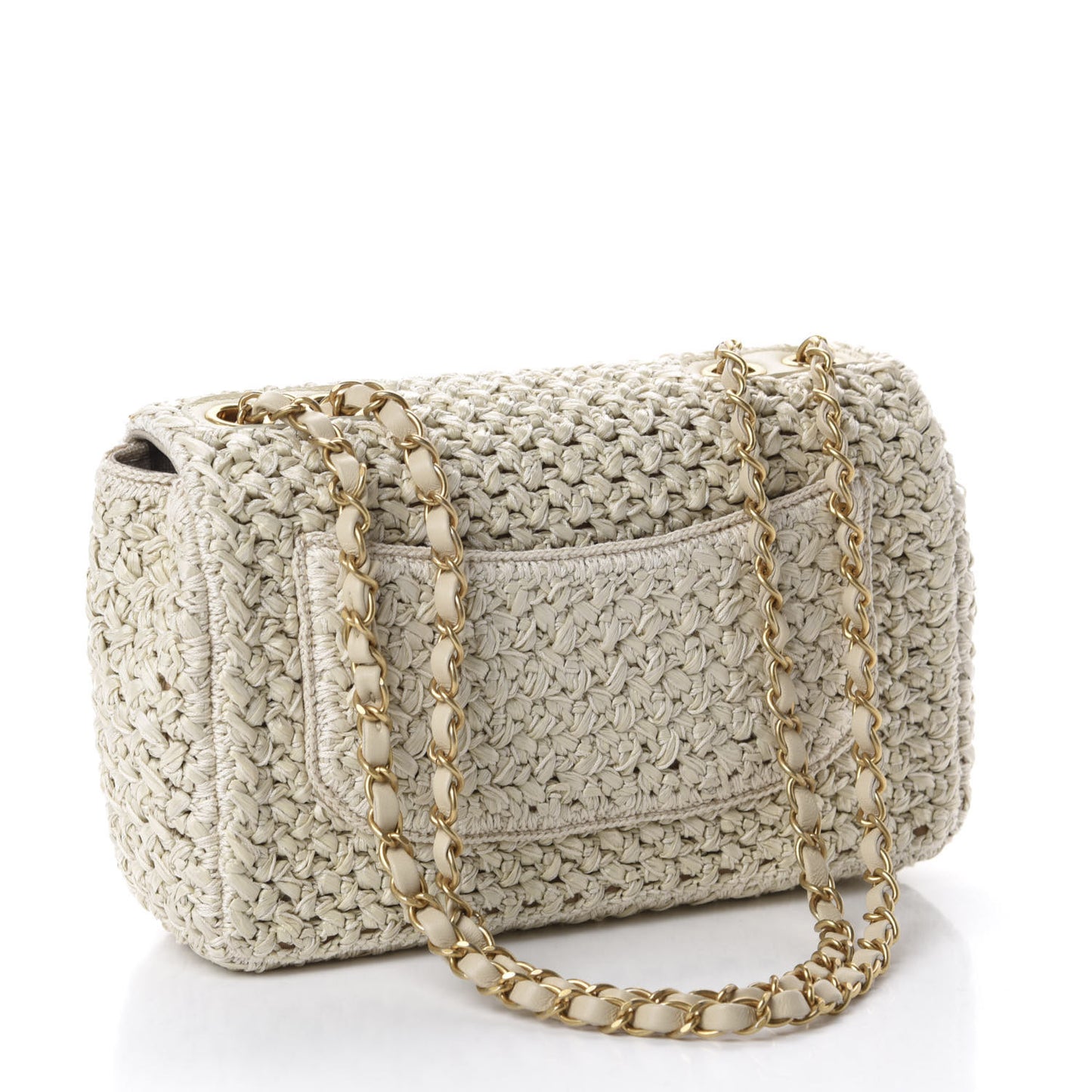 Raffia Crochet Medium Flap Bag Beige