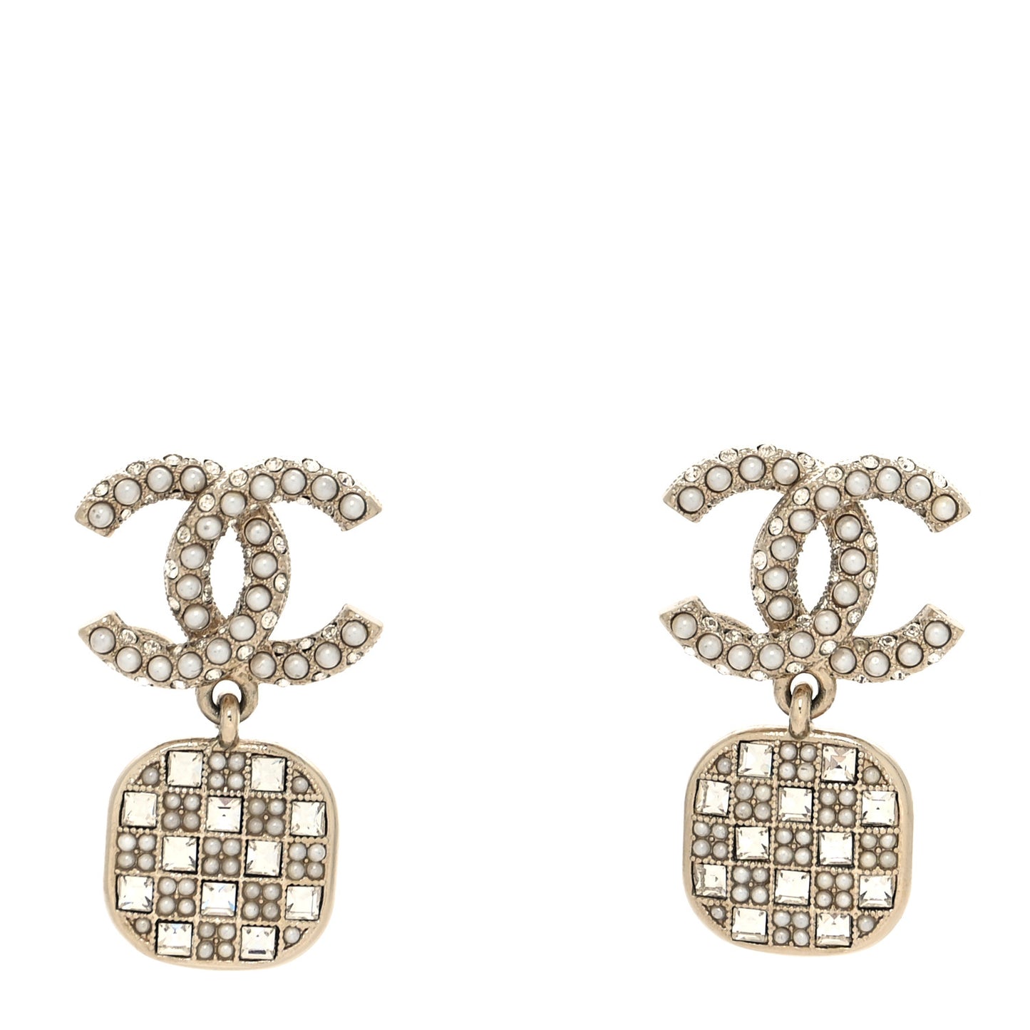 Pearl Baguette Crystal CC Drop Earrings Gold