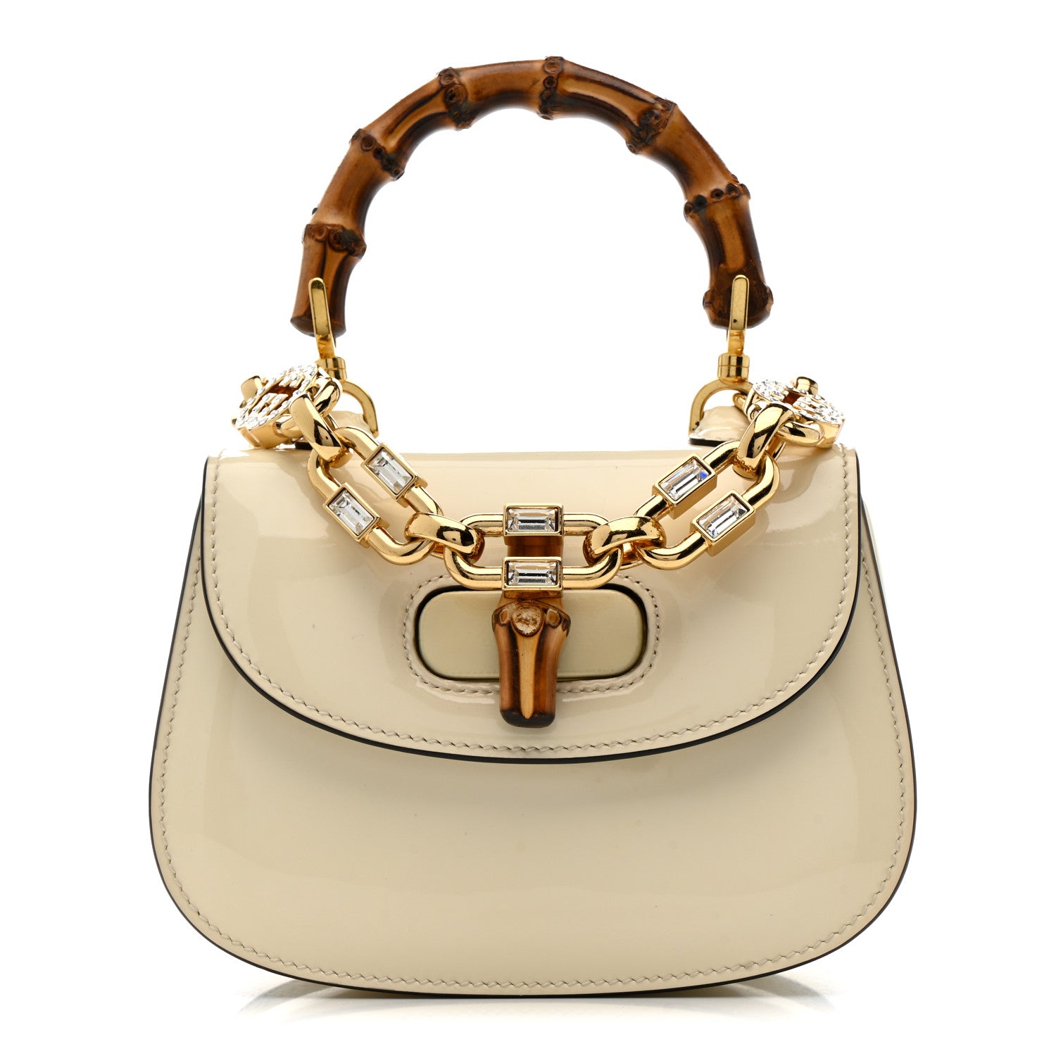 Gucci Patent Crystal Mini Bamboo 1947 Top Handle Chain Bag White