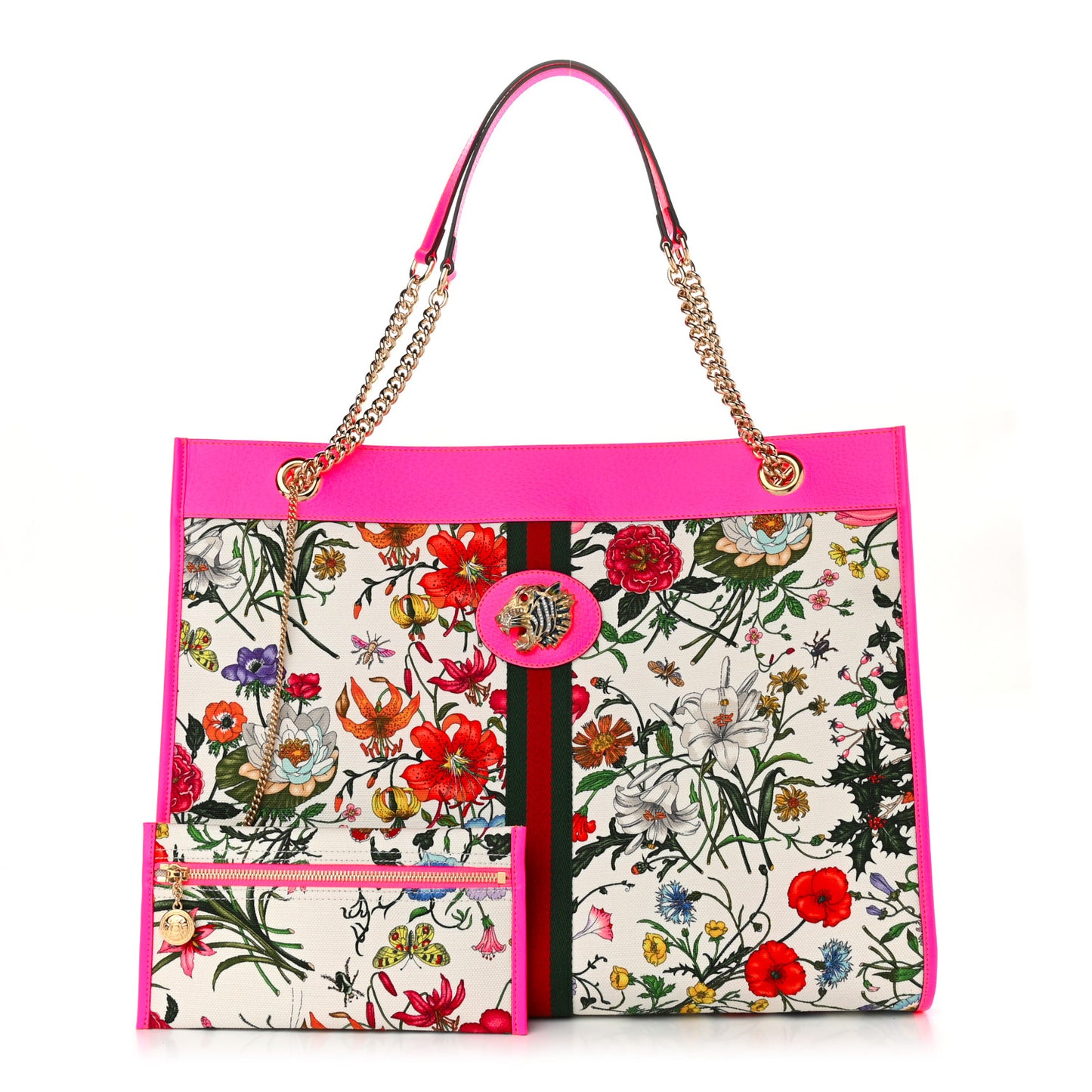 Canvas Flora Large Rajah Chain Tote White Multicolor Fuxia Fluo