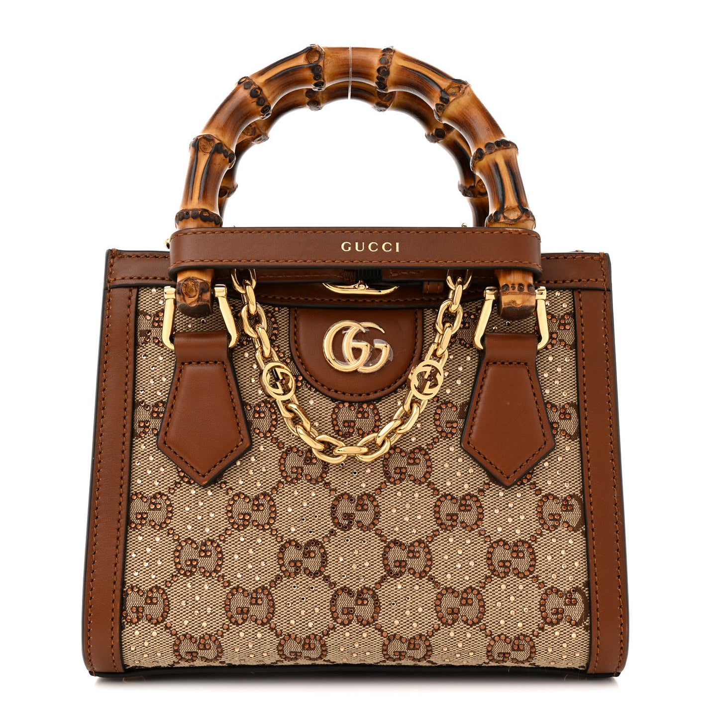 New Canvas Charisma Calfskin Crystal GG Monogram Mini Diana Tote Bag Camel Ebony