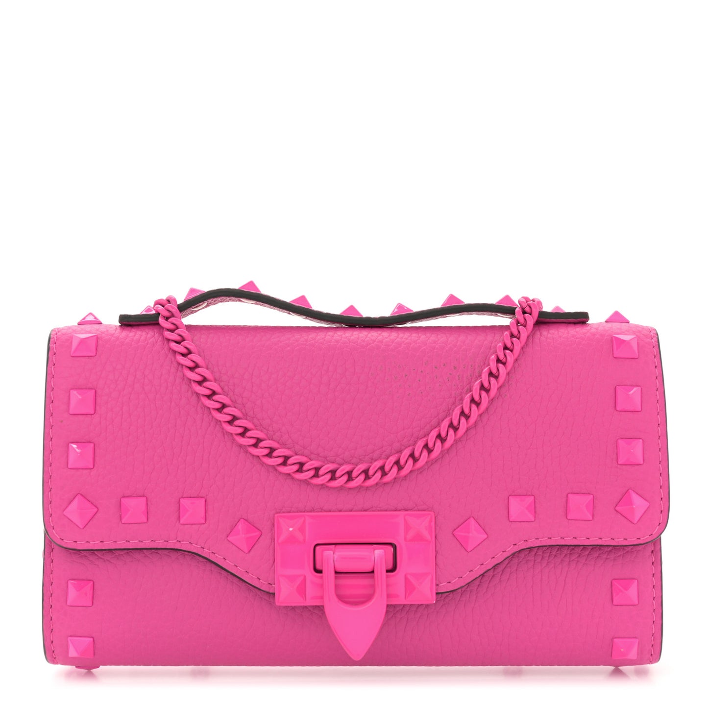 Pebbled Calfskin Enamel Monochrome Rockstud Flip Lock Flip Lock Wallet On Chain  Pink PP