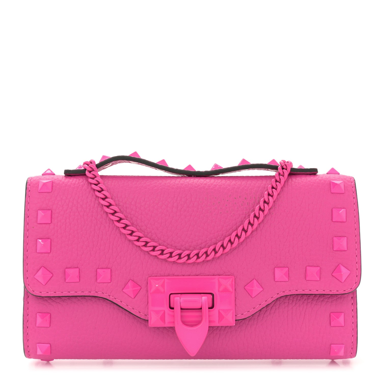 Valentino Garavani Pebbled Calfskin Enamel Monochrome Rockstud Flip Lock Flip Lock Wallet On Chain  Pink PP 1 of 11