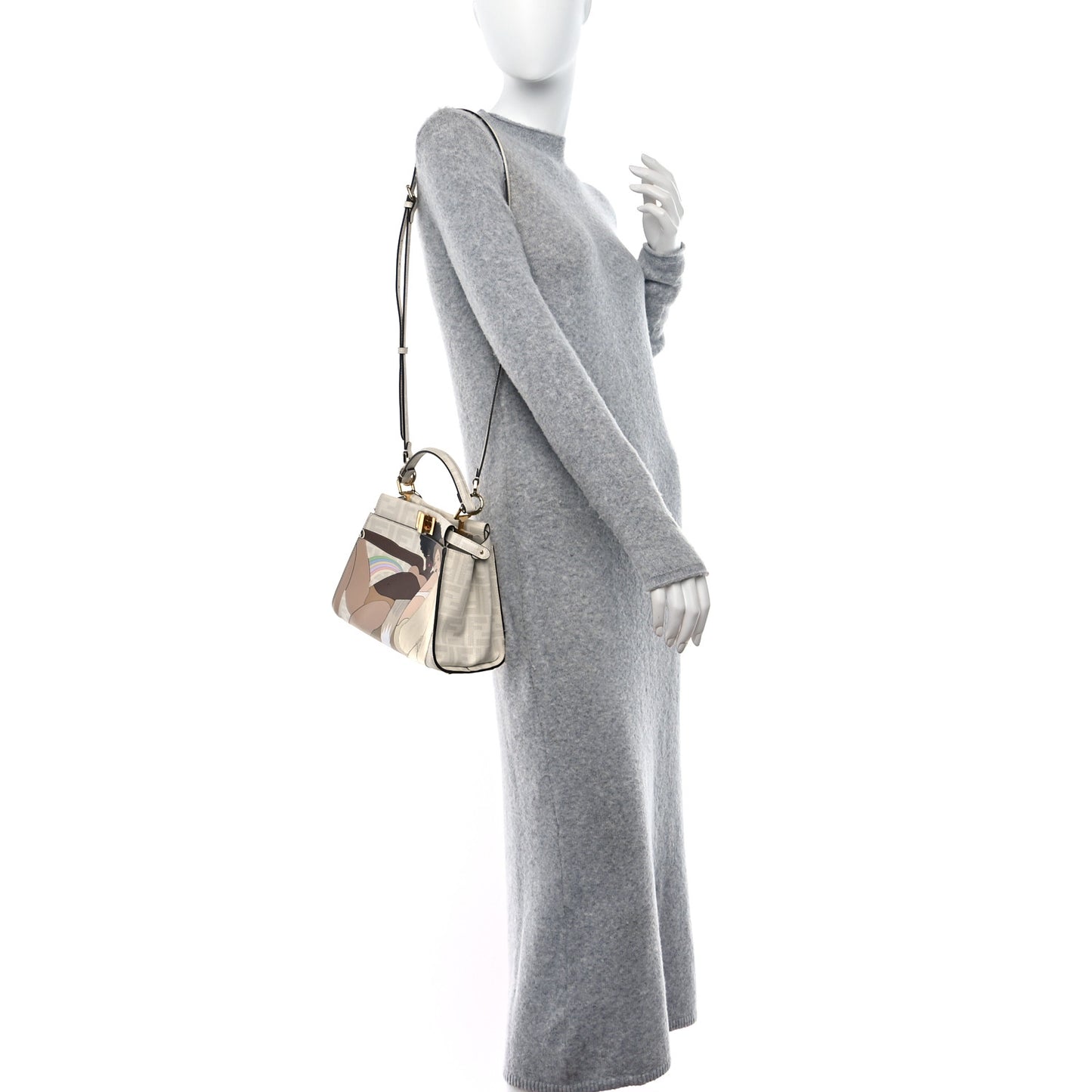 Glazed Fabric Nappa FF Disco Girls Inlay Mini Peekaboo Iconic Satchel Bianco Perla Multicolor