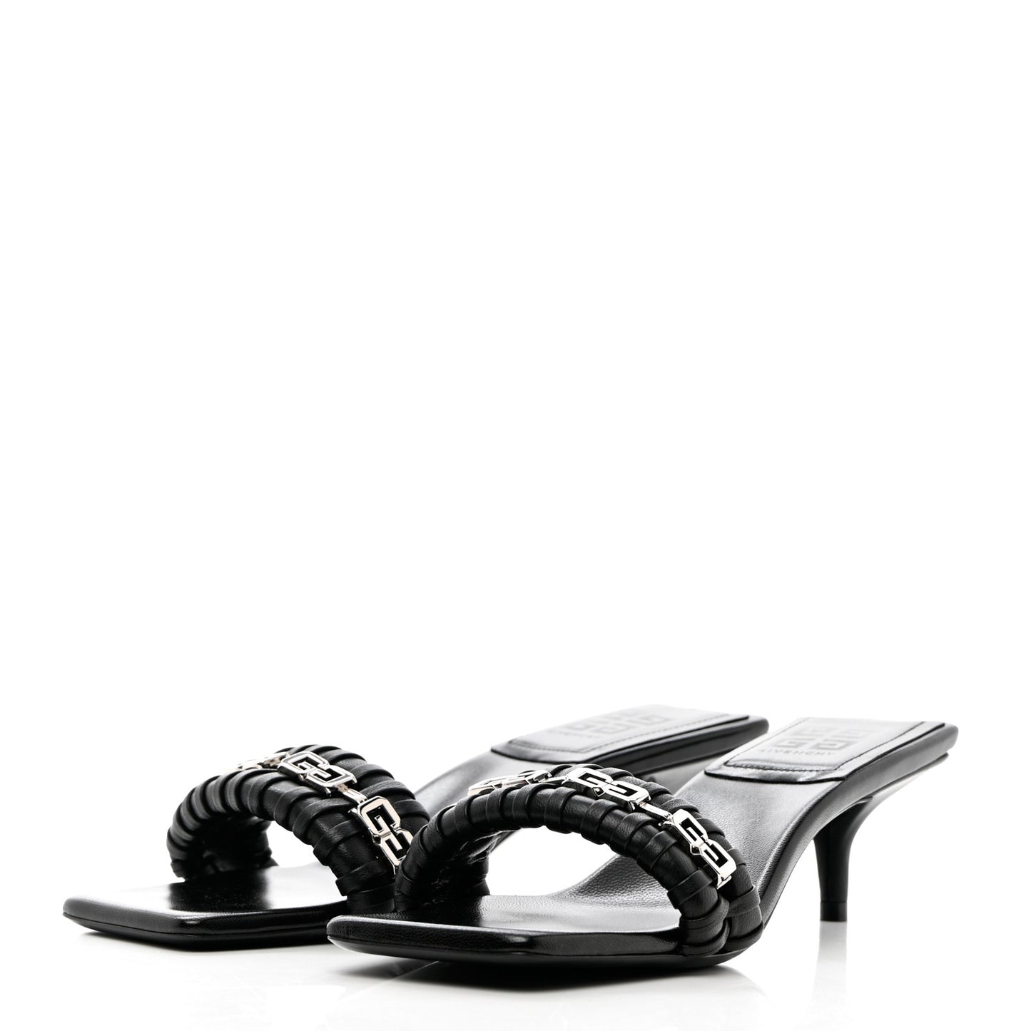 Woven Lambskin G Chain 50mm Kitten Heel Sandals 38.5 Black