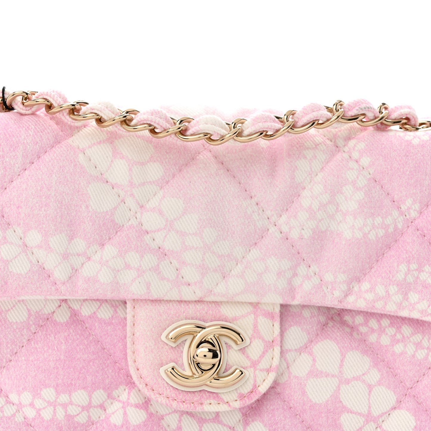 Printed Denim Quilted Flap Bag Pink White