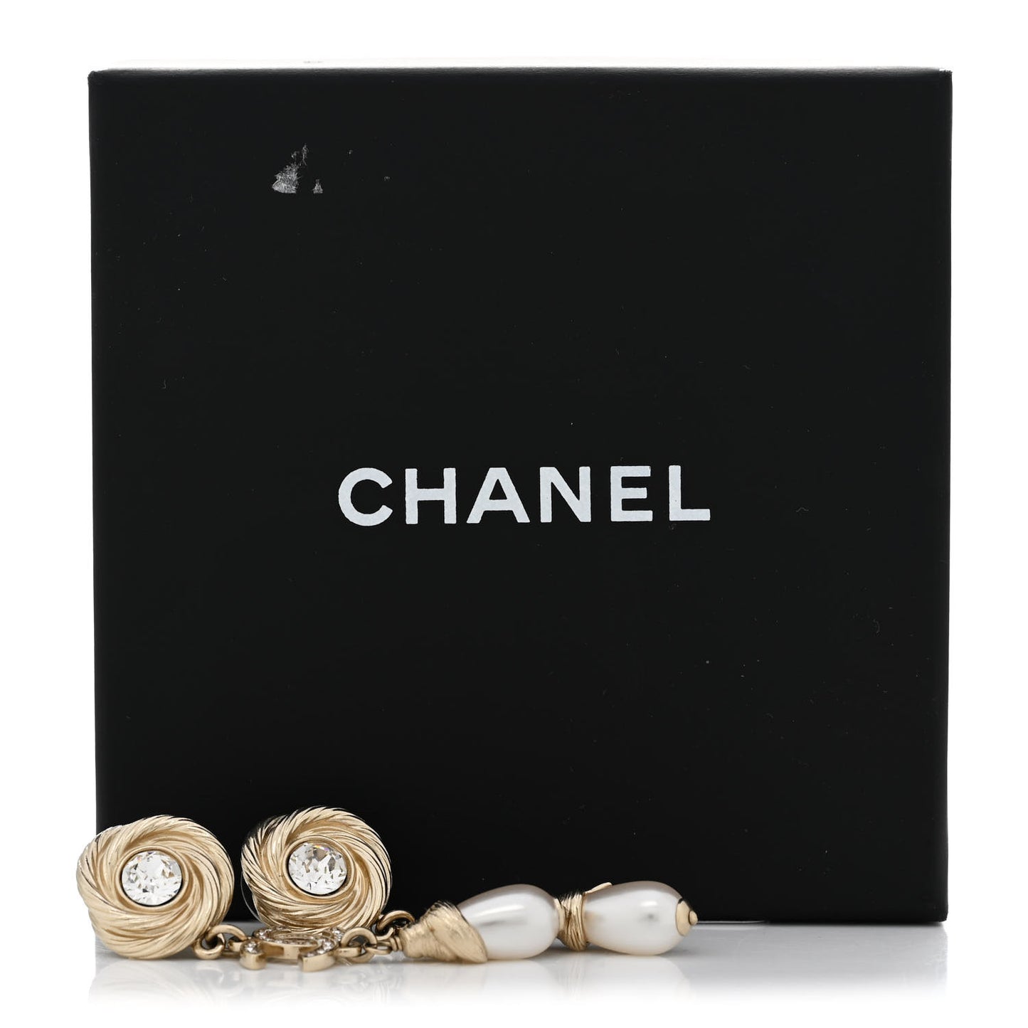 Metal Crystal Pearl Flower CC Drop Earrings Gold White