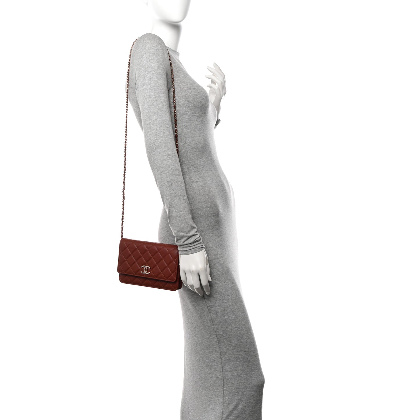 Lambskin Quilted Crystal Pearl CC Wallet On Chain WOC Brown