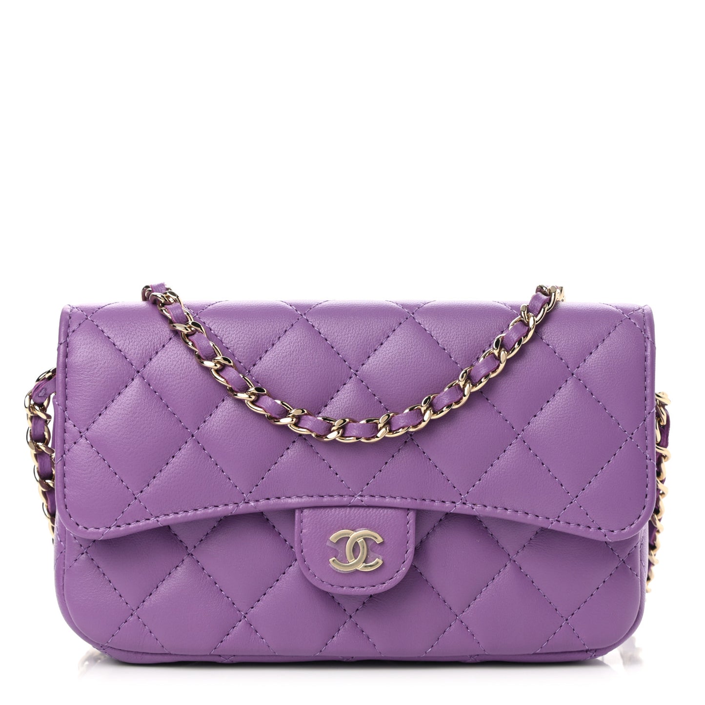 Lambskin Quilted Flap Phone Holder With Chain Purple