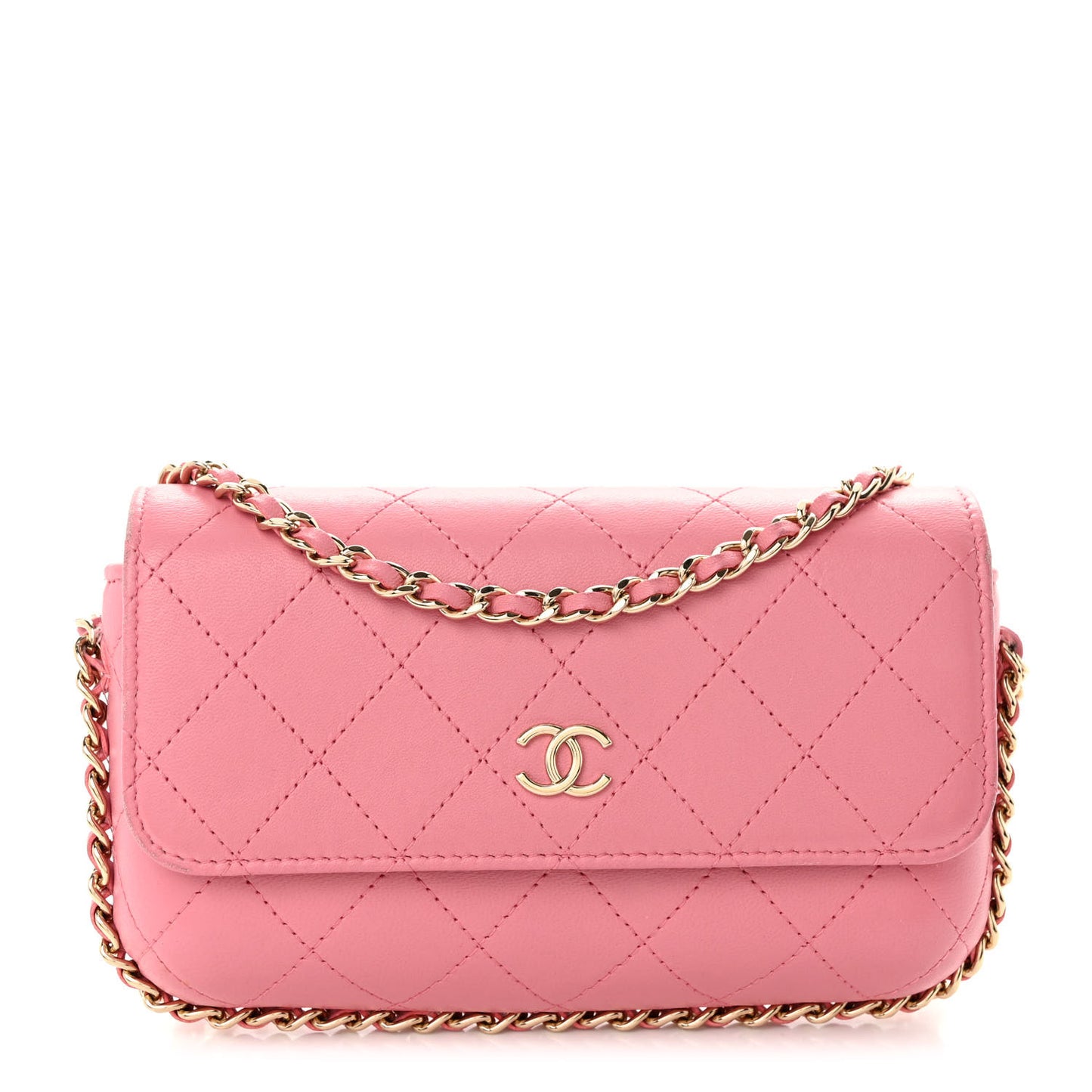 Lambskin Quilted Chain Around Clutch On Chain Pink