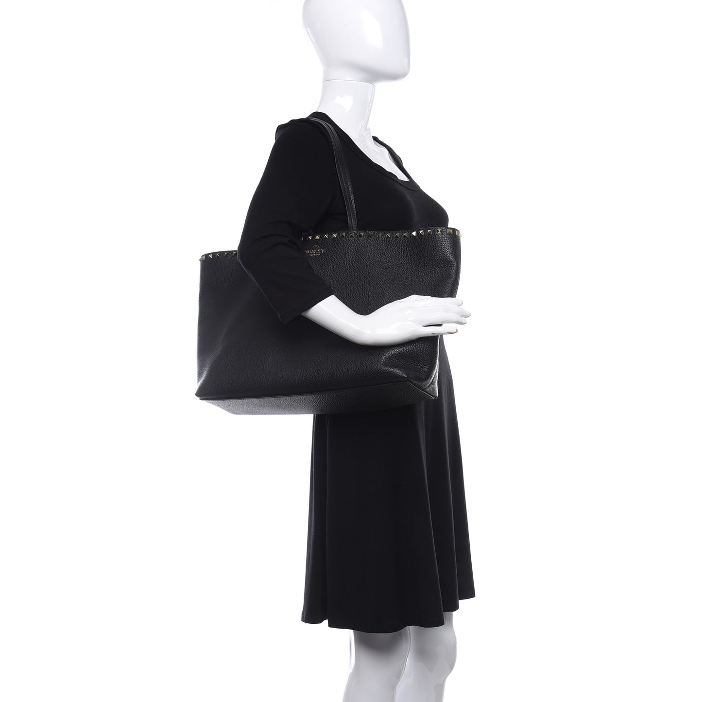 Grained Calfskin Rockstud Shoulder Tote Black