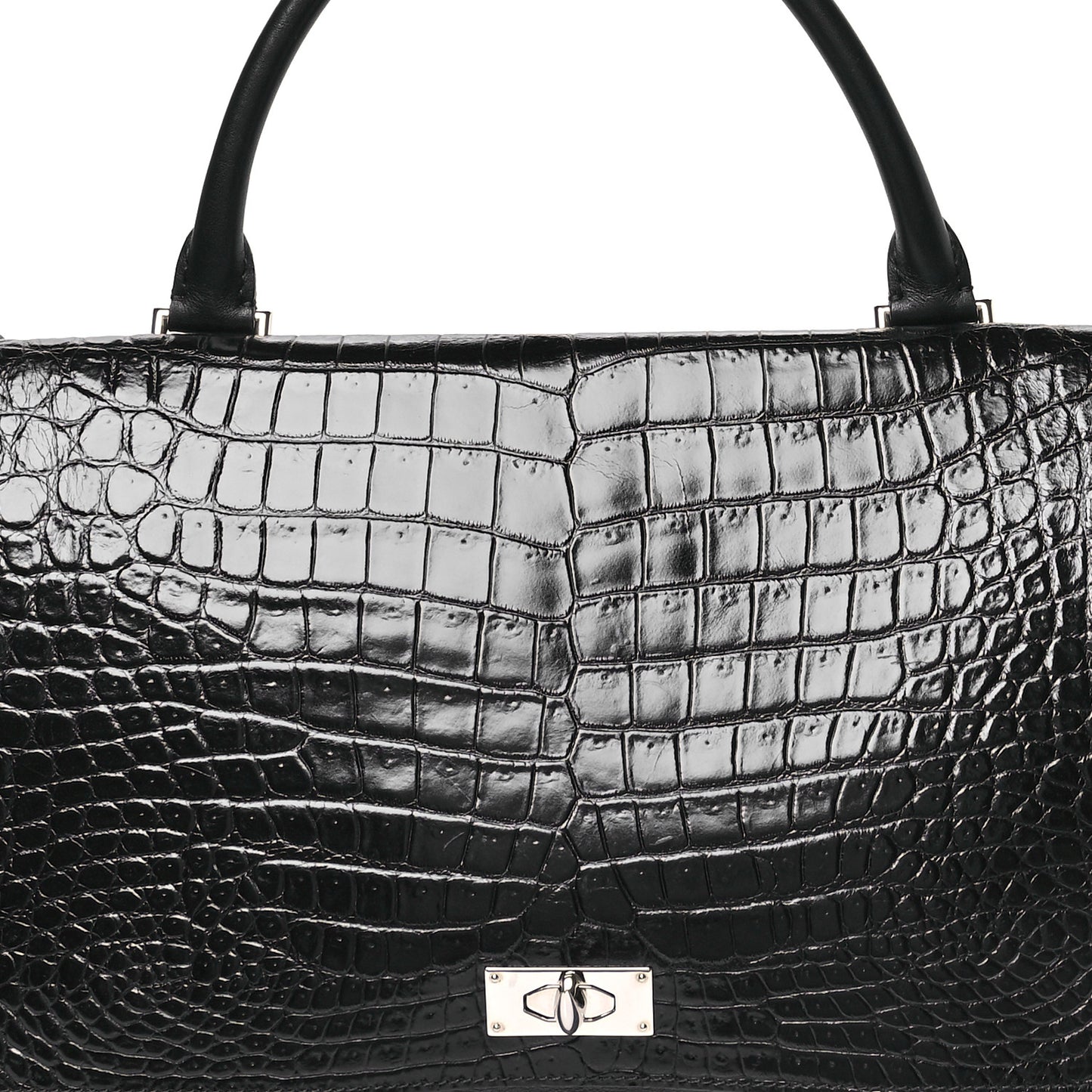 Calfskin Crocodile Embossed Medium Shark Lock Satchel Black