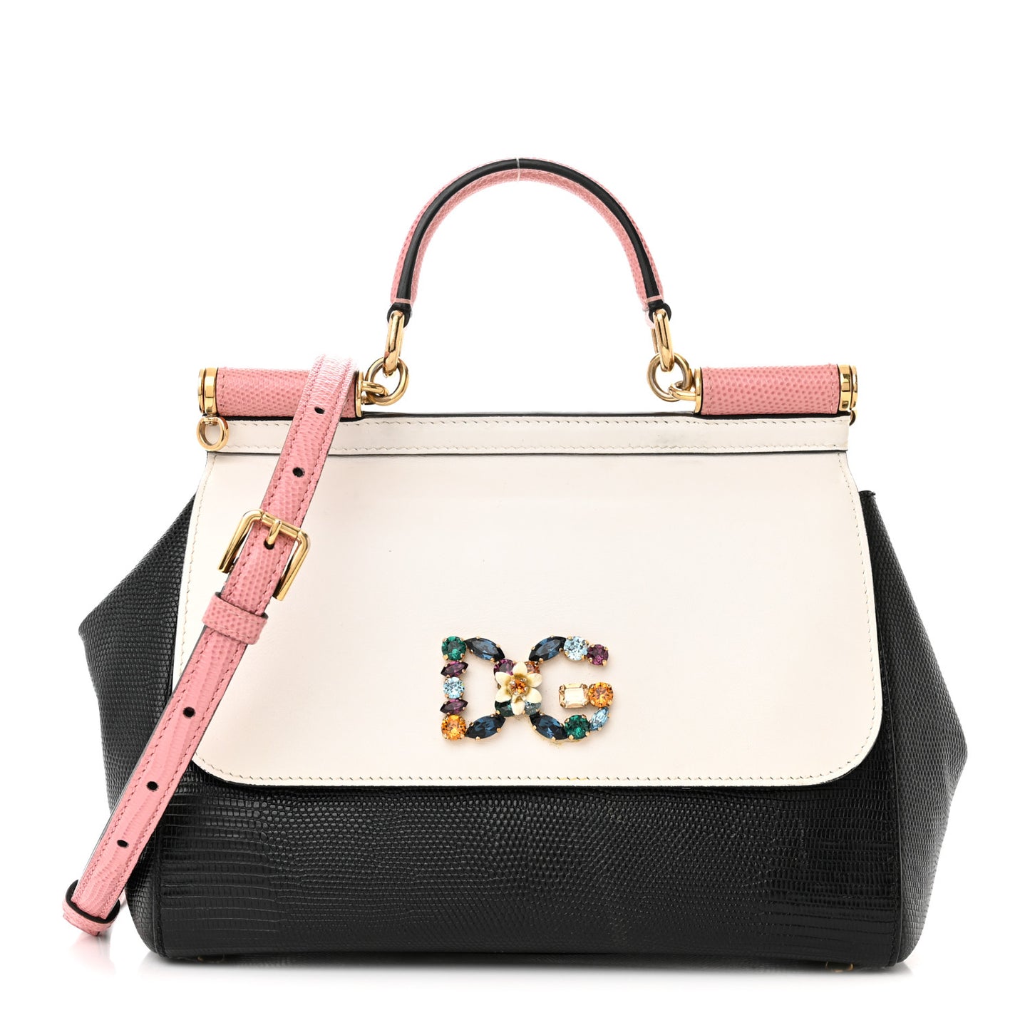 Stampa Iguana Crystal Medium Miss Sicily Satchel White Black Pink
