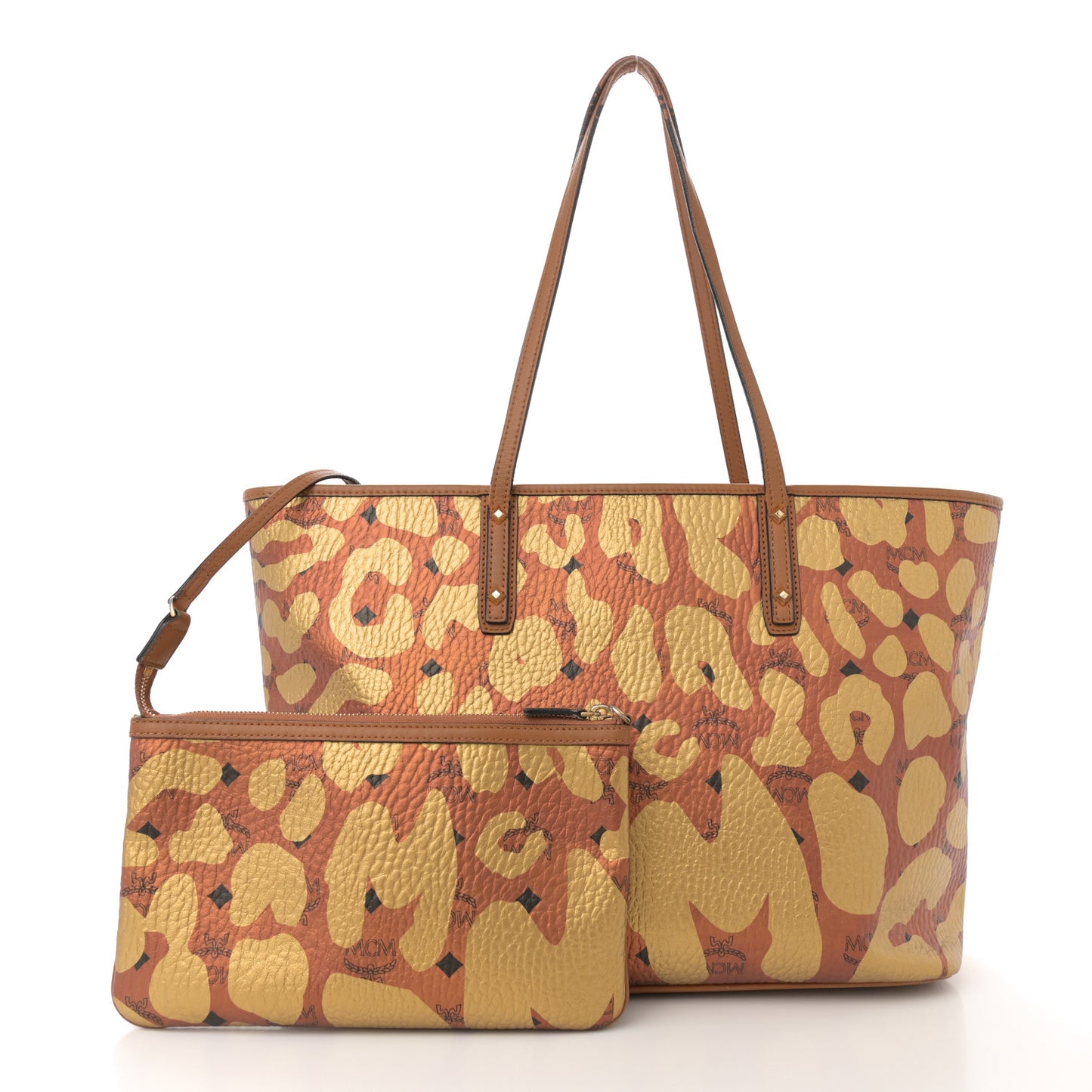 Visetos Metallic Leopard Print Medium Anya Shopper Tote Cognac