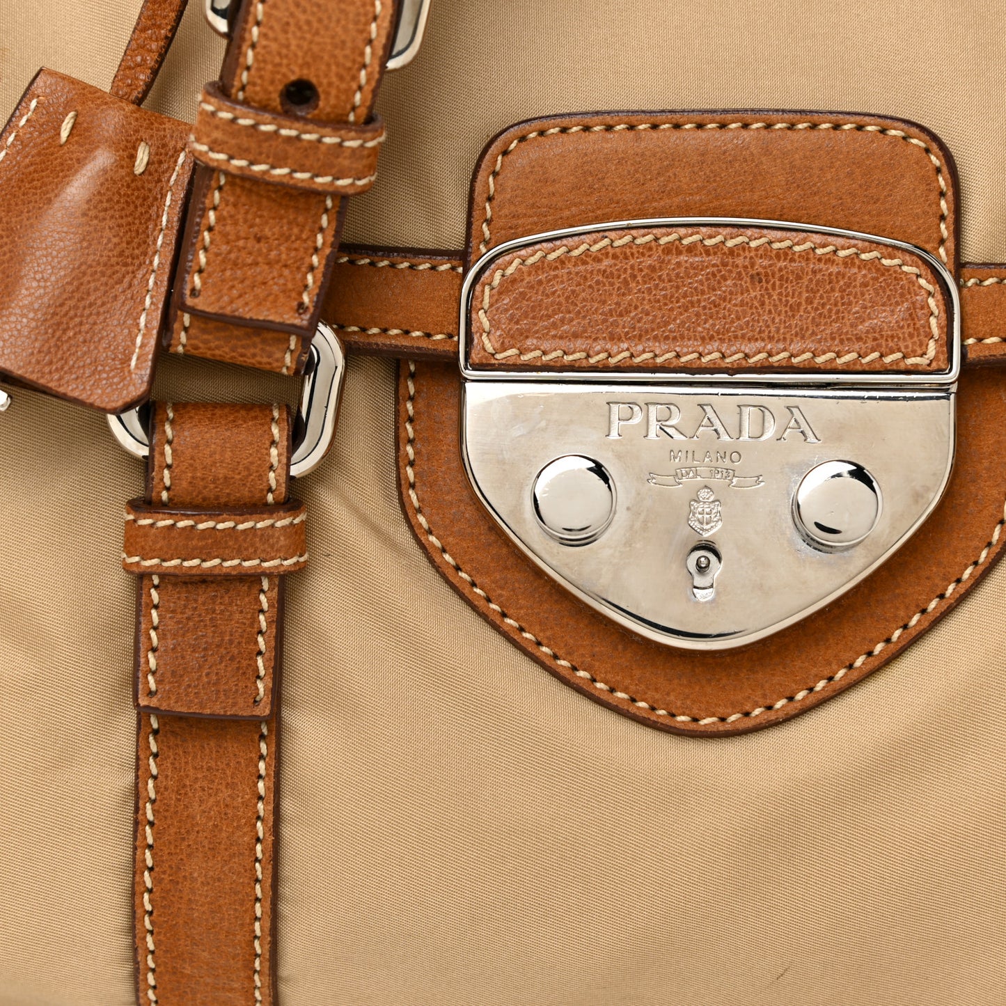 Tessuto Nylon Vitello Foldover Pushlock Satchel Beige
