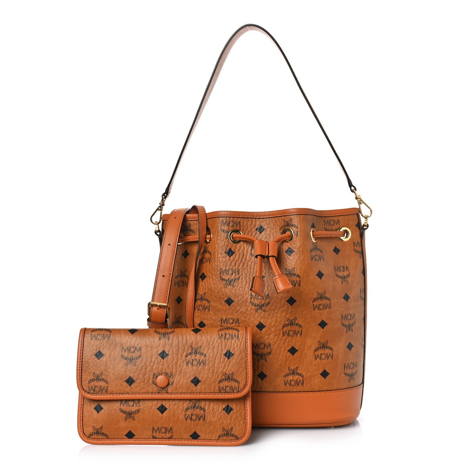 MCM Visetos Medium Dessau Drawstring Bucket Bag Cognac 1208269