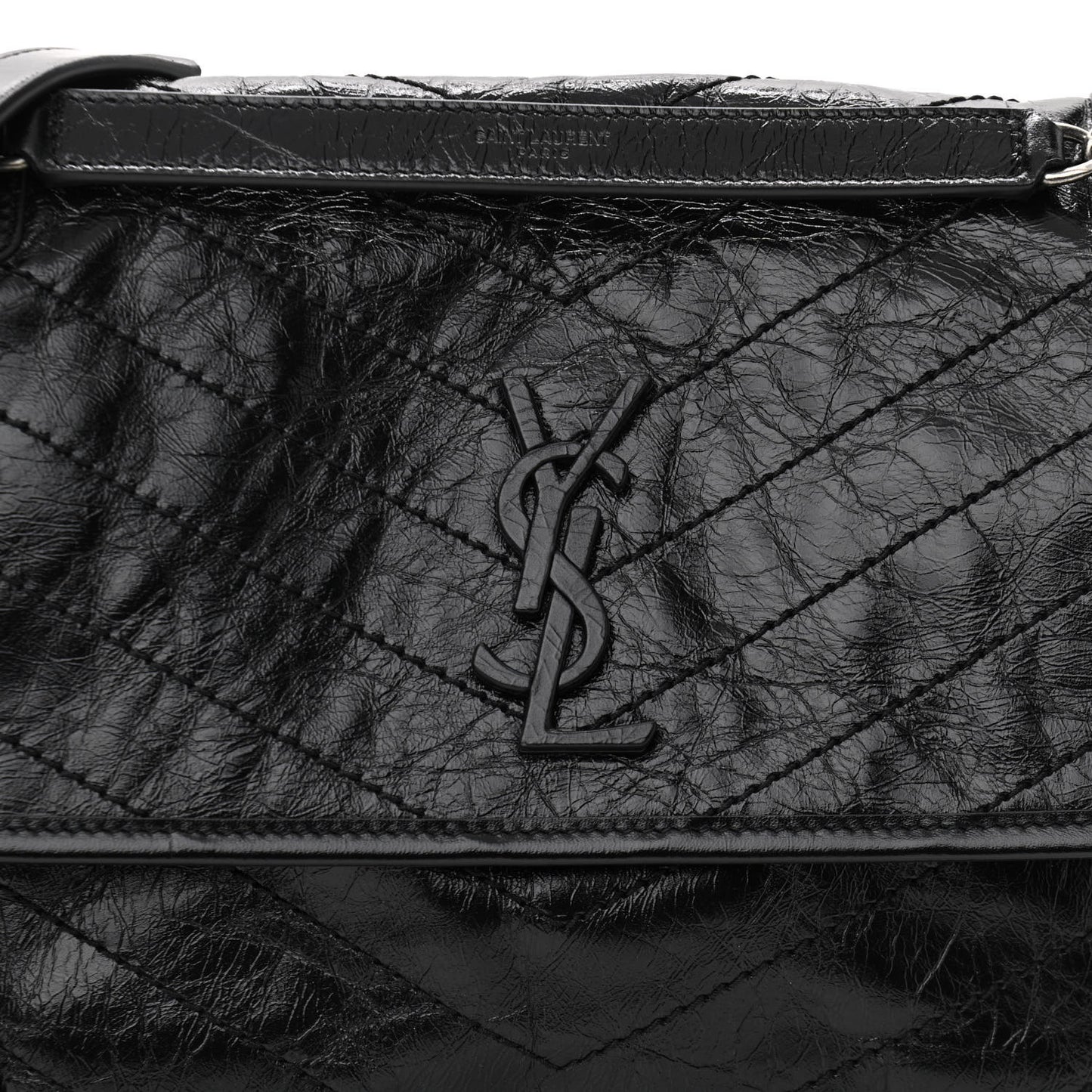 Crinkled Calfskin Matelasse Monogram Medium Niki Chain Satchel Black