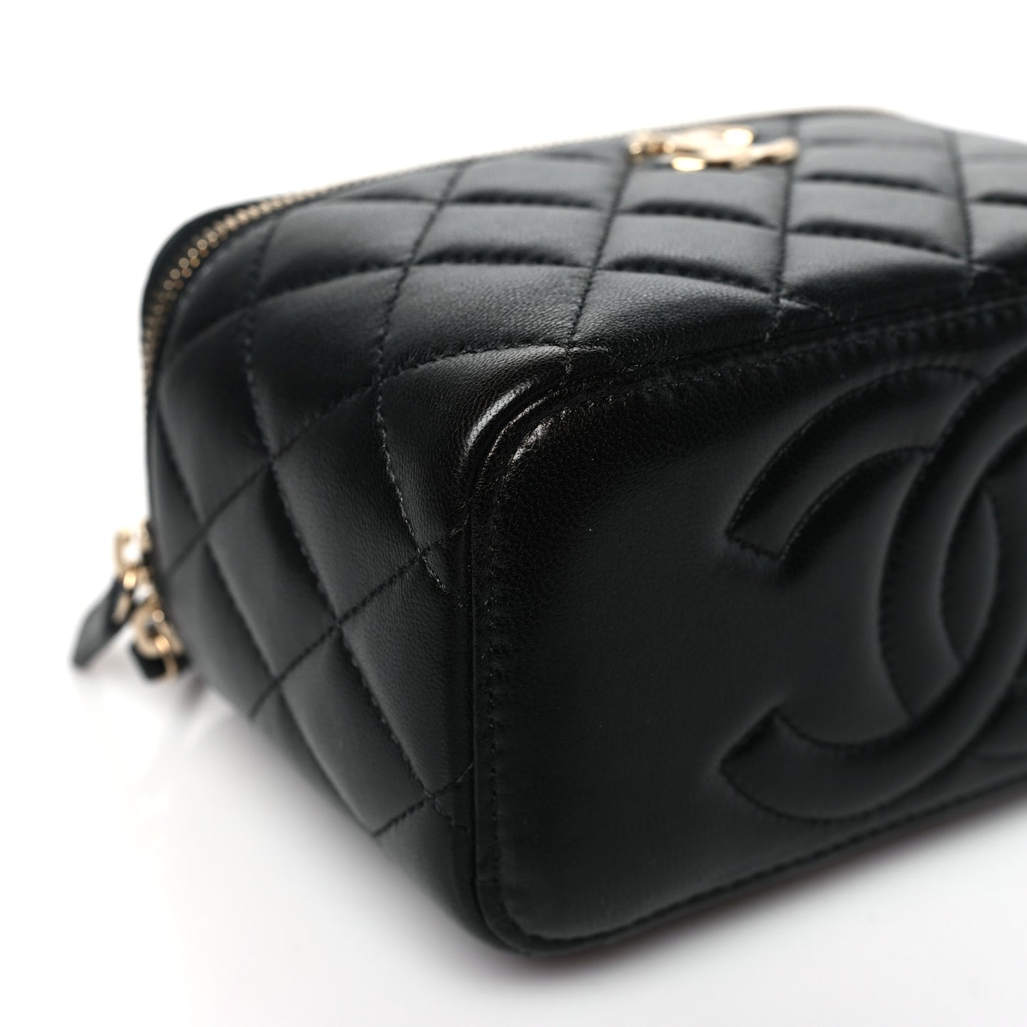 Lambskin Quilted Small Charming Top Handle Vanity Case With Chain Black