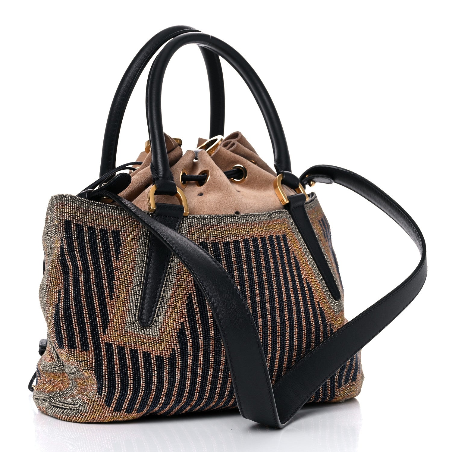 Fendi Calfskin Beaded Small Drawstring Satchel Black Multicolor 3 of 17