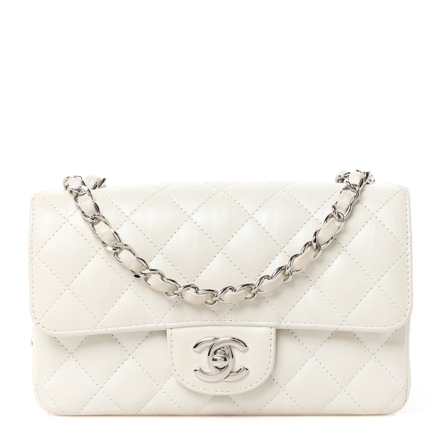 Iridescent Crumpled Calfskin Quilted Mini Rectangular Flap White