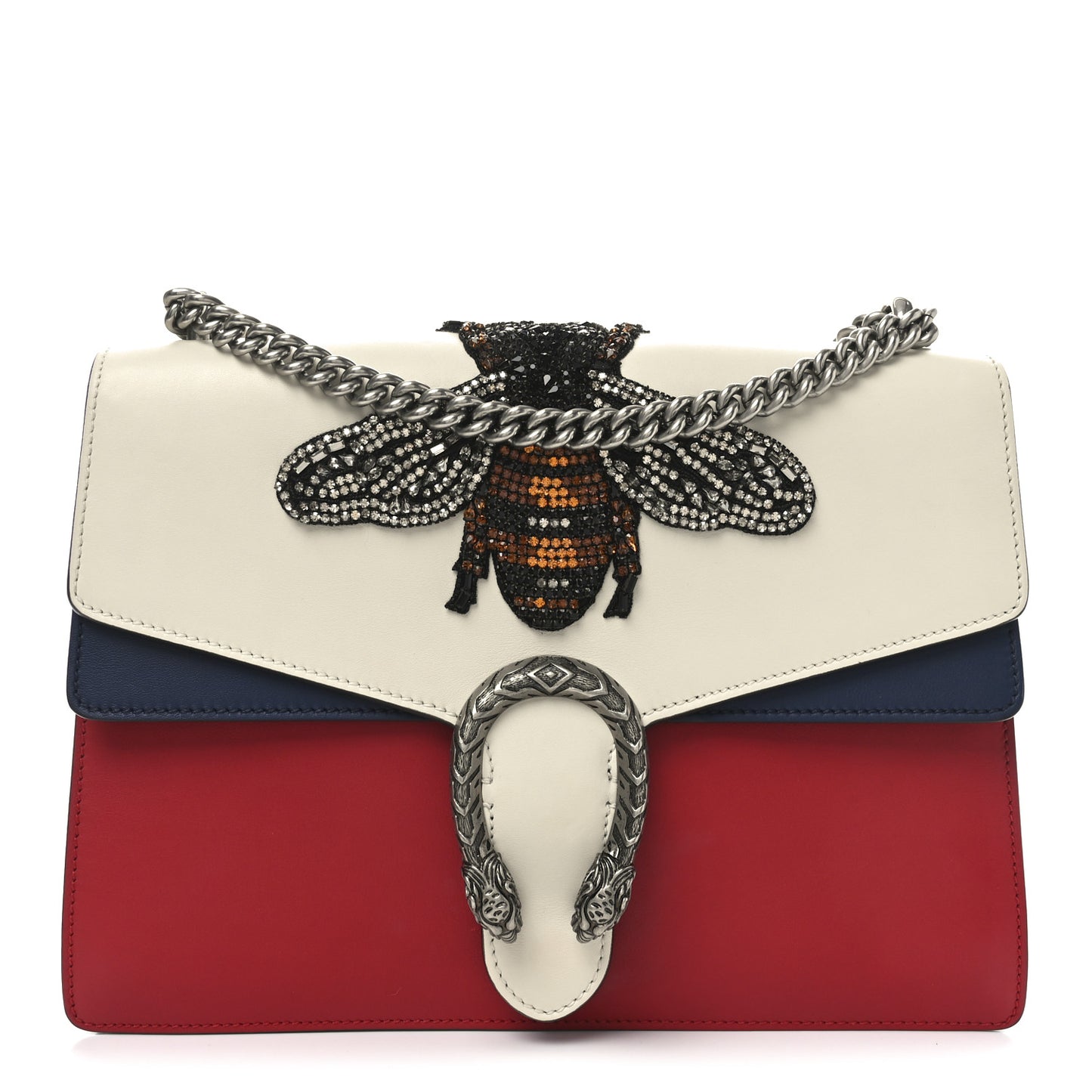 Calfskin Bee Embroidered Medium Dionysus Shoulder Bag White Blue Hibiscus Red