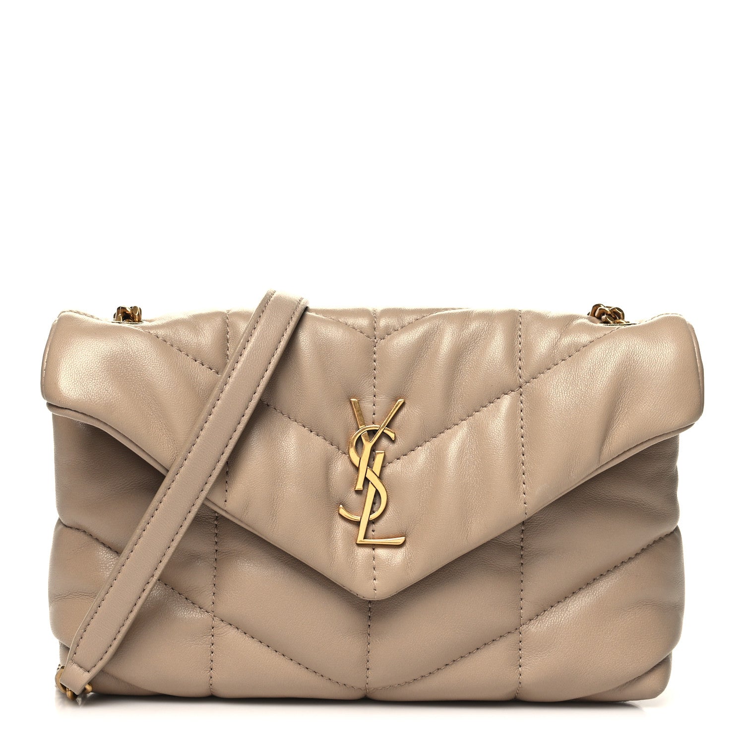 Saint Laurent Lambskin Quilted Toy Loulou Puffer Monogram Chain Satchel Dark Beige 1 of 11