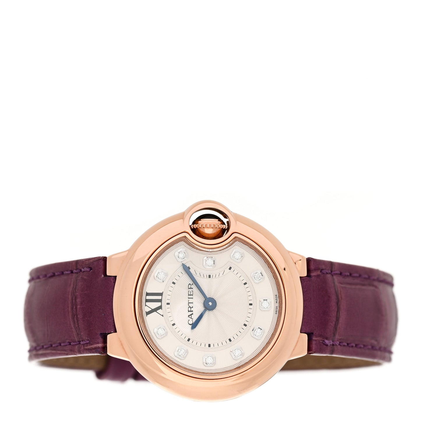 18K Pink Gold Alligator Diamond 33mm Ballon Bleu De Cartier Quartz Watch Violet