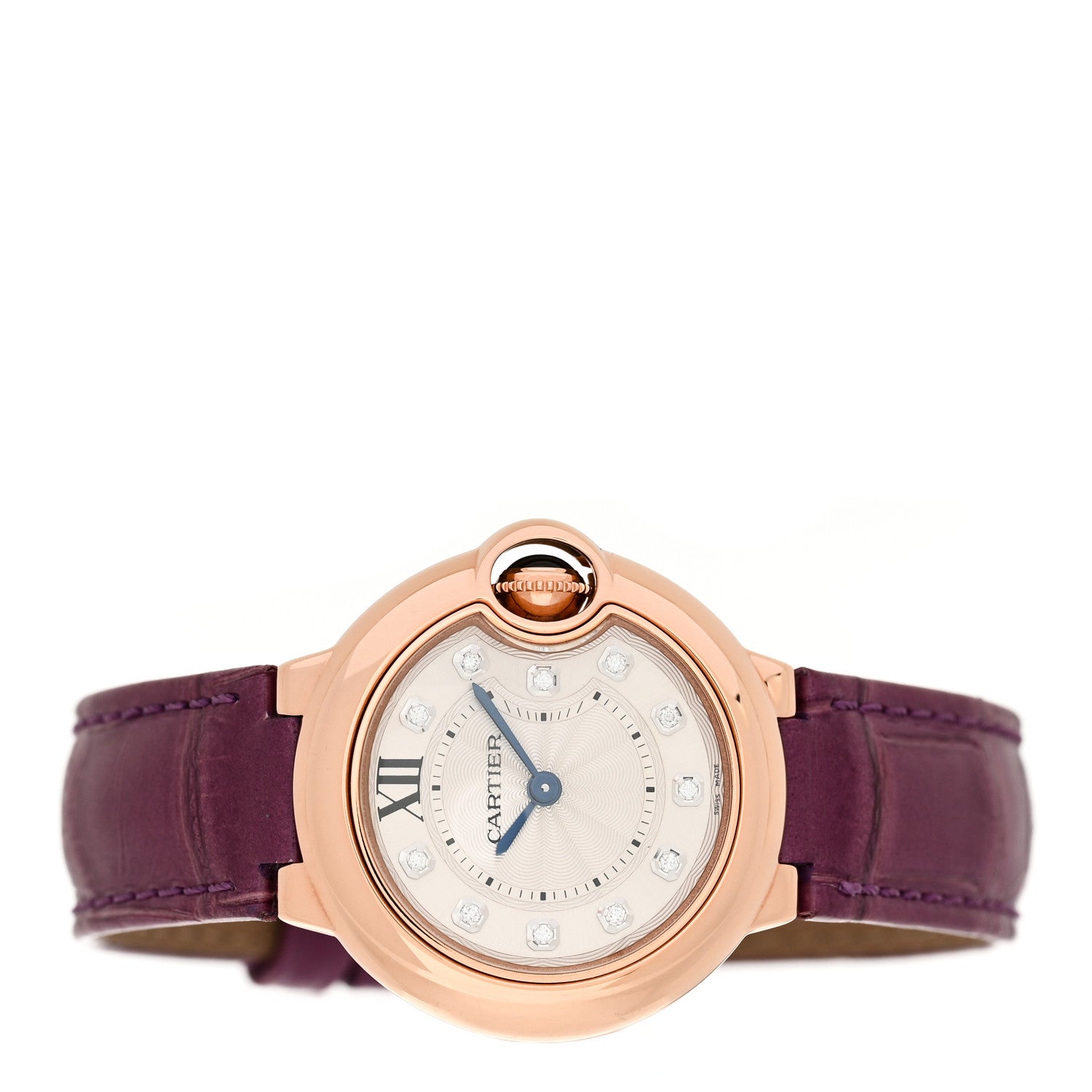 Cartier 18K Pink Gold Alligator Diamond 33mm Ballon Bleu De Cartier Quartz Watch Violet 2 of 5