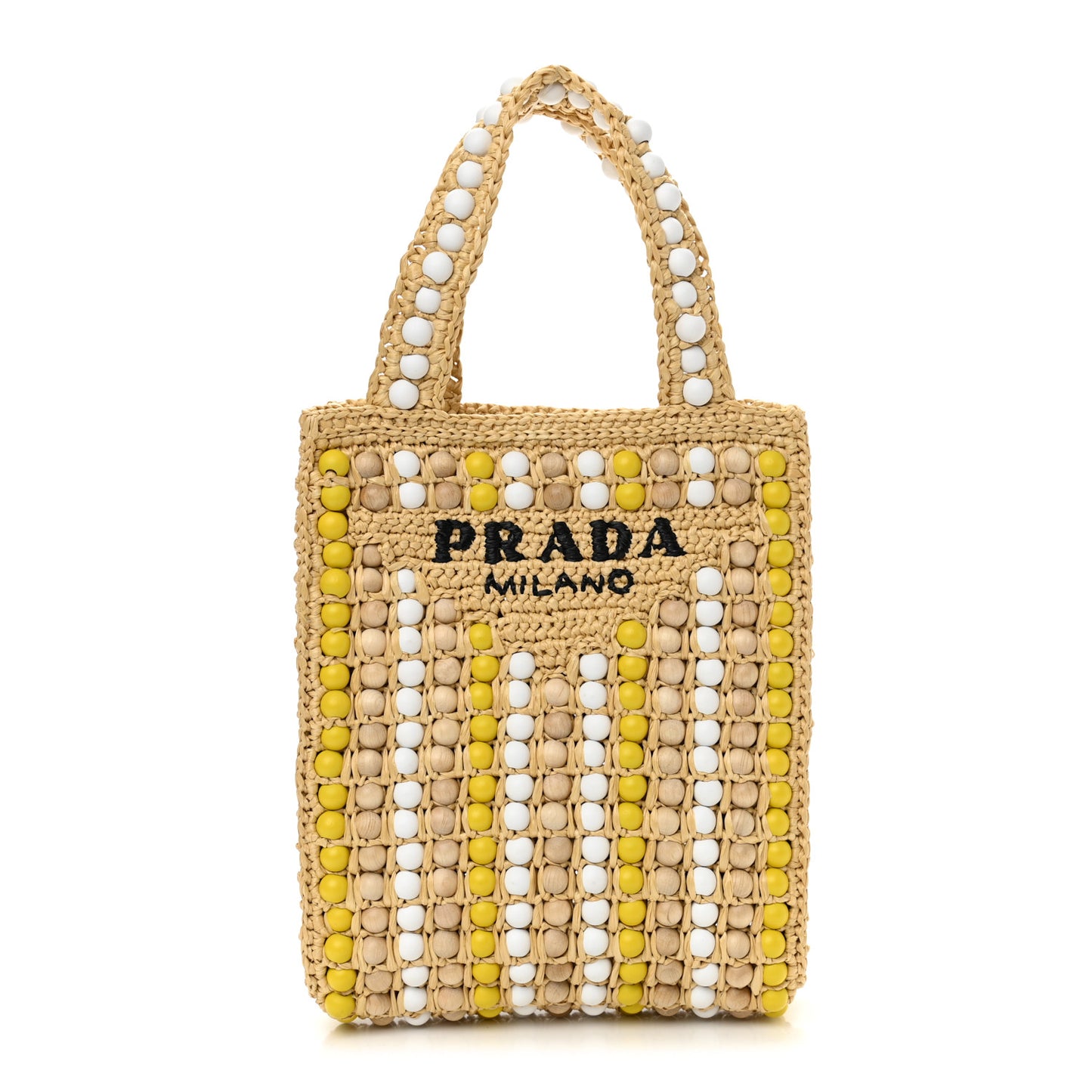 Raffia Wood Bead Embroidered Logo Tote Bag Naturale