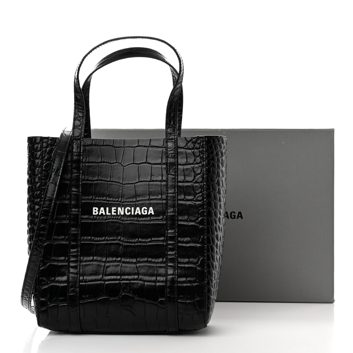 Shiny Calfskin Logo Crocodile Embossed XXS Everyday Tote Black