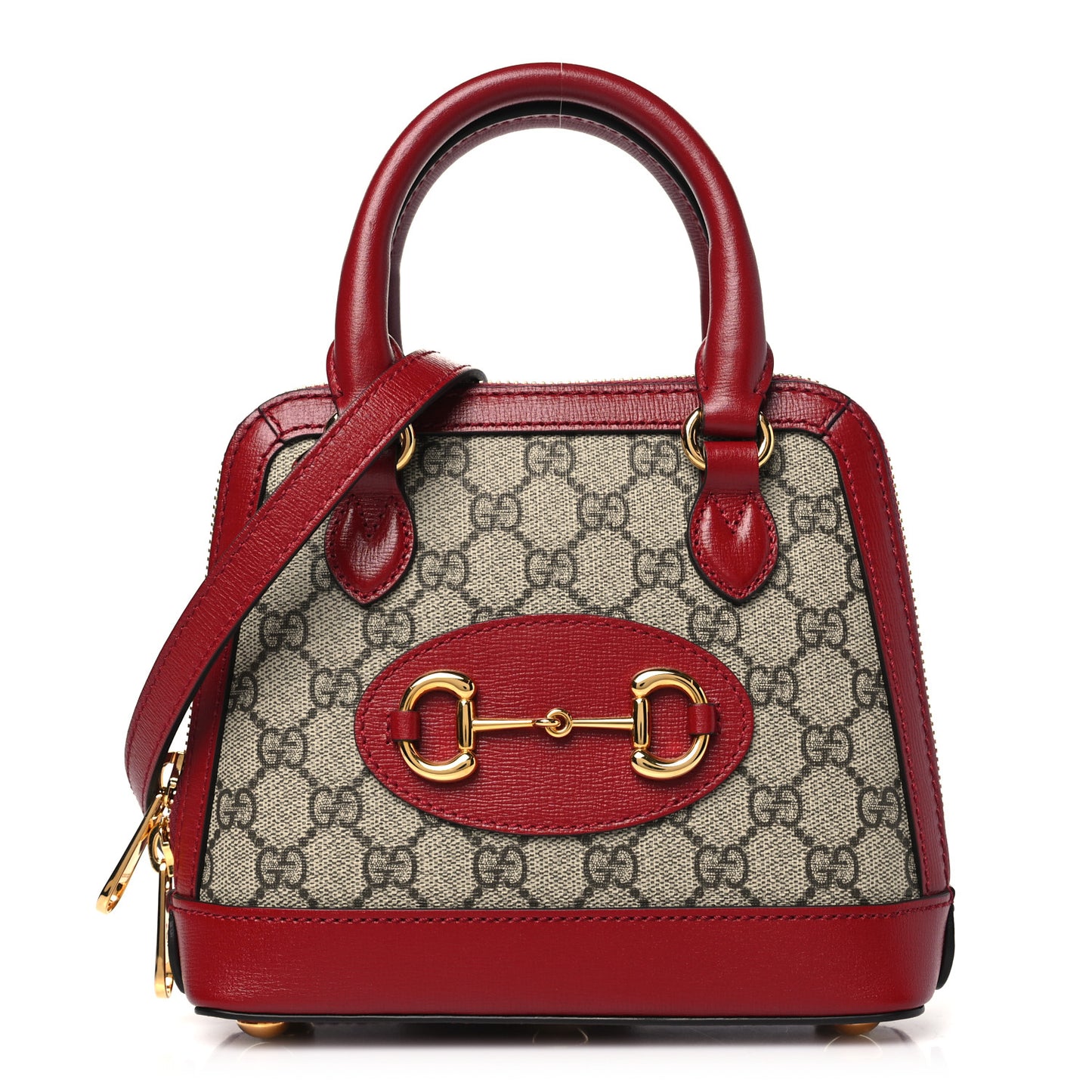 GG Supreme Monogram Azalea Calfskin Mini Horsebit 1955 Top Handle Bag Beige New Cherry Red