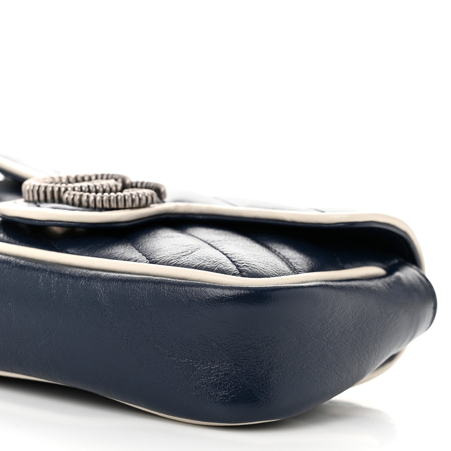 Vintage Effect Calfskin Matelasse Diagonal Super Mini Torchon GG Marmont Shoulder Bag Blue Agata Mystic White