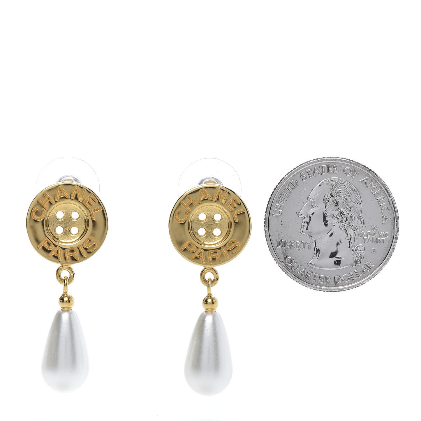 Metal Pearl Paris Button Drop Earrings Gold