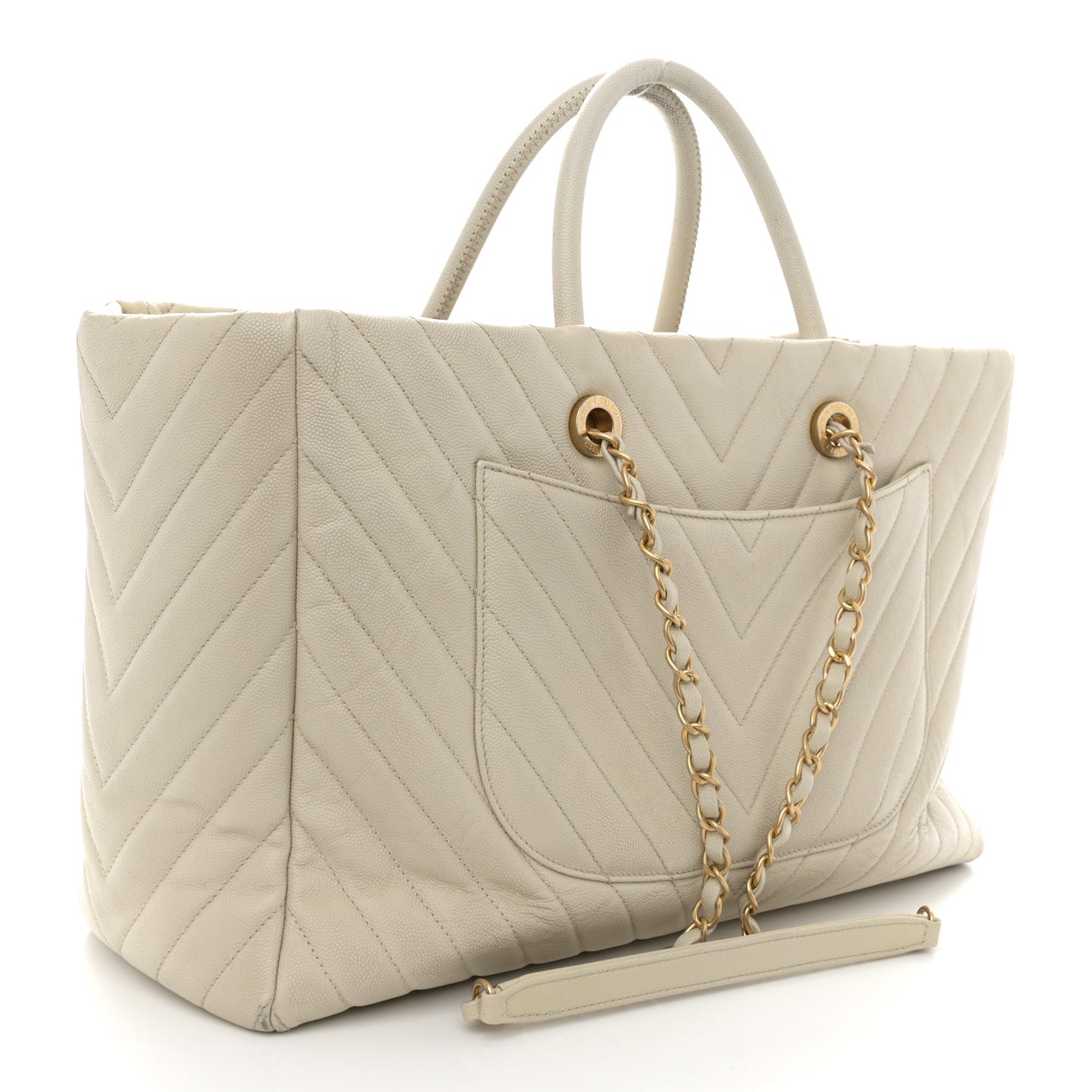 Caviar Chevron Quilted Coco Handle Shopping Tote Ivory